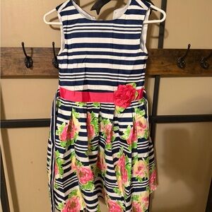 Jona Michelle Navy Striped Dress with Floral Accents